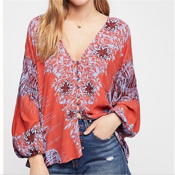 Free People Birds Of A Feather Balloon Sleeve Top Orange Blue Size Medium - Picture 1 of 9